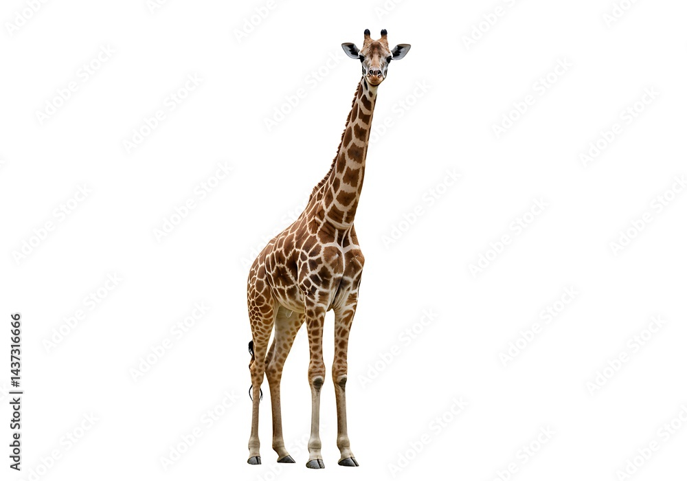 Obraz premium A full body shot of a giraffe standing tall with its long neck on a plain white background in studio