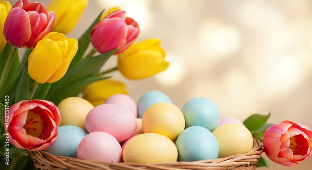 Pastel Eggs and Tulips in Wicker Basket Colorful Springtime Still Life Pastel Eggs and Tulips in Wicker Basket Colorful Springtime Still Life