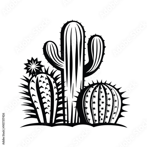 Cacti Group Silhouette, Black and White Botanical Design, Desert Plants, Prickly, Nature