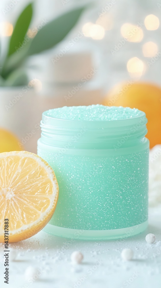 Sparkling Mint Sugar Scrub in Glass Jar with Citrus Fruits Sparkling Mint Sugar Scrub in Glass Jar with Citrus Fruits