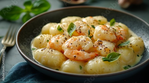 Plated gnocchi and shrimp dish with cream sauce, plated in a dark bowl for meal time in kitchen