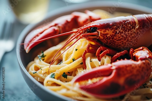 Lobster pasta bowl a close-up of seafood dish with background wine. For food blog