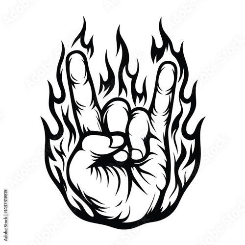 Rock On Hand Sign With Flames Black Silhouette On White Background, Hand Gesture Style Art