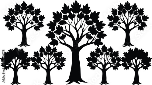 Beautiful Sycamore Trees Isolated Silhouette Vector Art Elegant Forest Landscape Design Elements