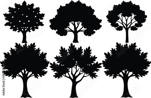 Beautiful Sycamore Trees Isolated Silhouette Vector Art Elegant Forest Landscape Design Elements