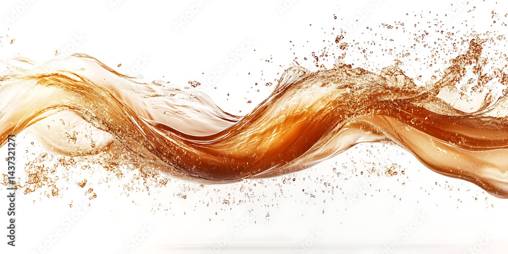 Fototapeta premium Dynamic wave of amber liquid with splashes on white background beautiful wave design splashing