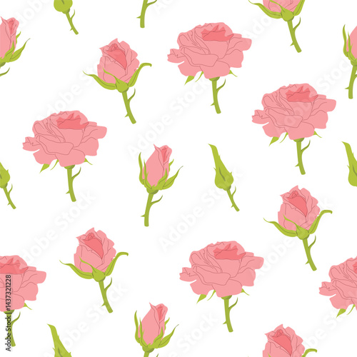 Vector seamless pattern with pink roses on a white background.