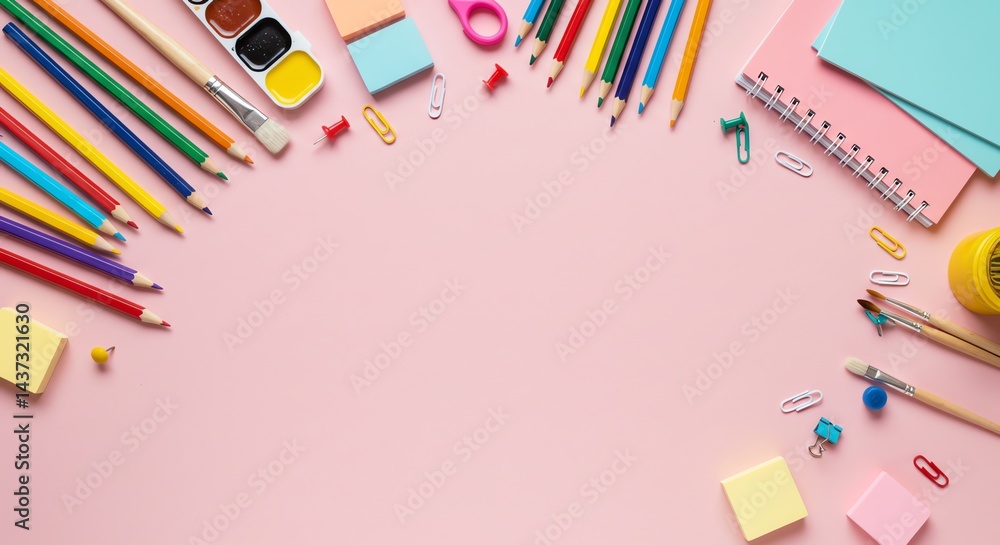 Fototapeta premium Crafting Supplies Flat Lay on Pink Background for Education or Art