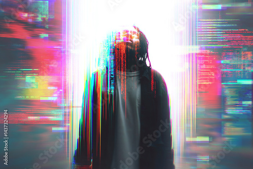 Silhouetted figure surrounded by colorful glitching codes and digital distortion, portraying technology overload and digital identity.