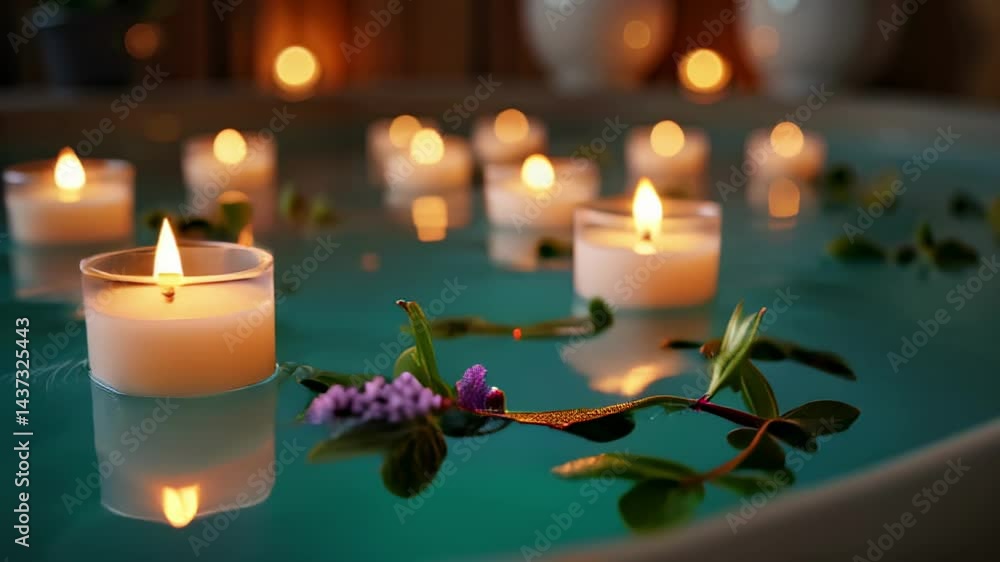 Relaxing candles floating in serene blue water with plants Relaxing candles floating in serene blue water with plants