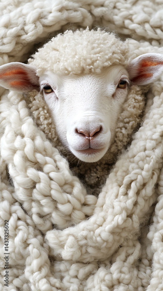 Cozy sheep portrait wrapped in thick wool yarn, promoting comfort and farm animal themes Cozy sheep portrait wrapped in thick wool yarn, promoting comfort and farm animal themes