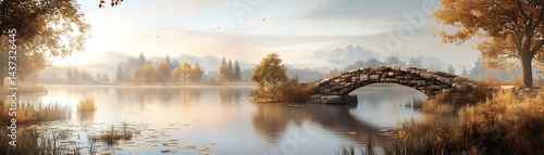 Stone bridge over calm lake in autumn park at sunrise for peaceful natural landscape scenery