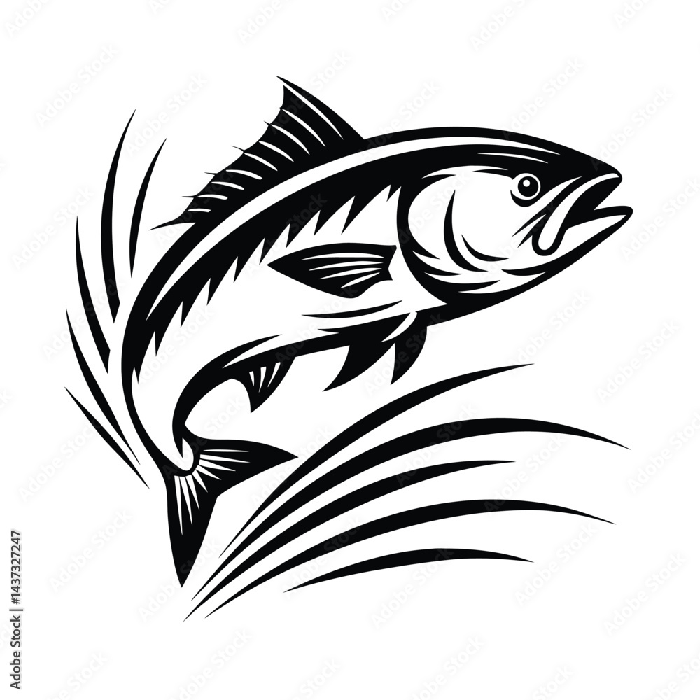 Leaping Salmon Illustration, Black and White Aquatic Animal, Fish Icon, Wild Animal Leaping Salmon Illustration, Black and White Aquatic Animal, Fish Icon, Wild Animal