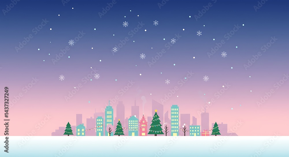 Fototapeta premium Cityscape Winter Holiday Scene with Snowflakes Falling and Decorated Trees