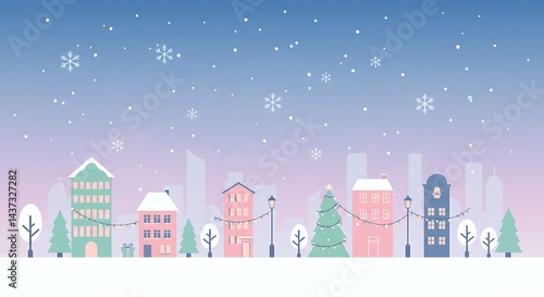 Snow Falling Over City Street During Winter Holidays