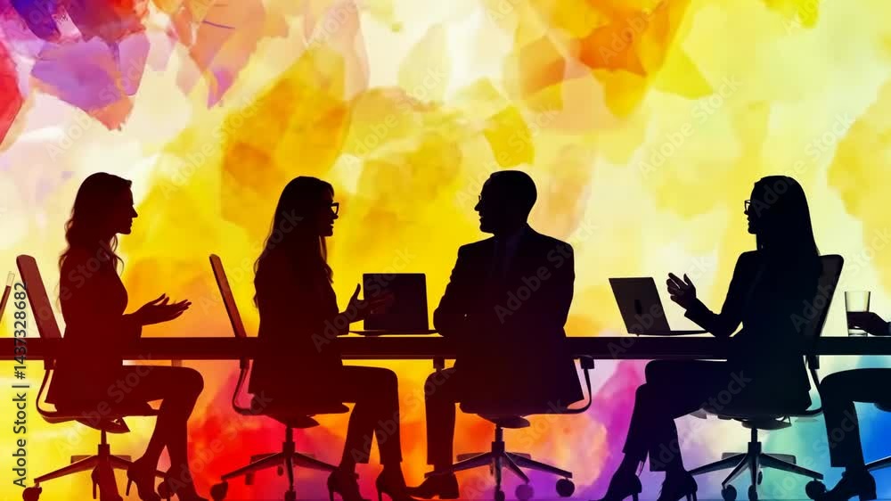 Business team discussion in vibrant silhouette against colorful background Business team discussion in vibrant silhouette against colorful background