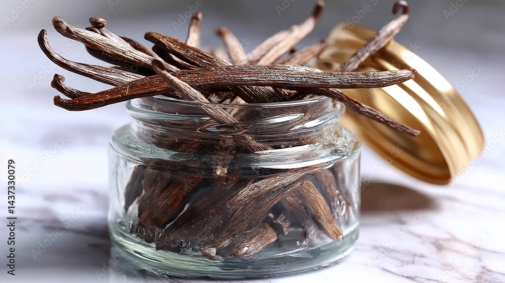 Fototapeta premium Dried vanilla beans in a glass jar on a marble surface with balanced composition