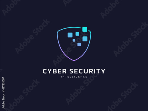 Cyber security intelligence data protection shield with digital squares movement vector logo design concept. Abstract shield security icon logotype symbol for ID protection, privacy solution, ui, web