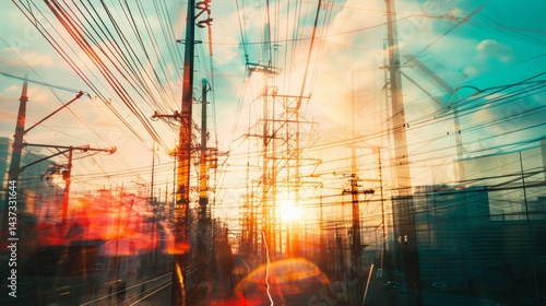 Electricity transmission towers with orange glowing wires the starry night sky. Energy infrastructure concept, energy, electricity, voltage, supply, pylon, technology