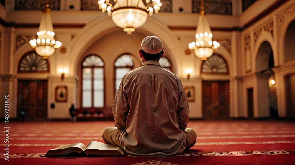 Man in Prayer Reflecting Spirituality in a Mosque Interior Man in Prayer Reflecting Spirituality in a Mosque Interior