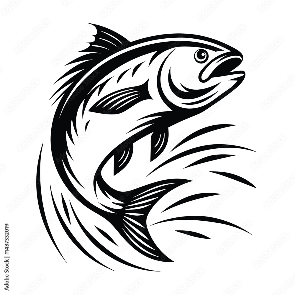 Monochrome Leaping Fish Illustration, Aquatic Animal with Stylized Fins and Bold Outline Monochrome Leaping Fish Illustration, Aquatic Animal with Stylized Fins and Bold Outline