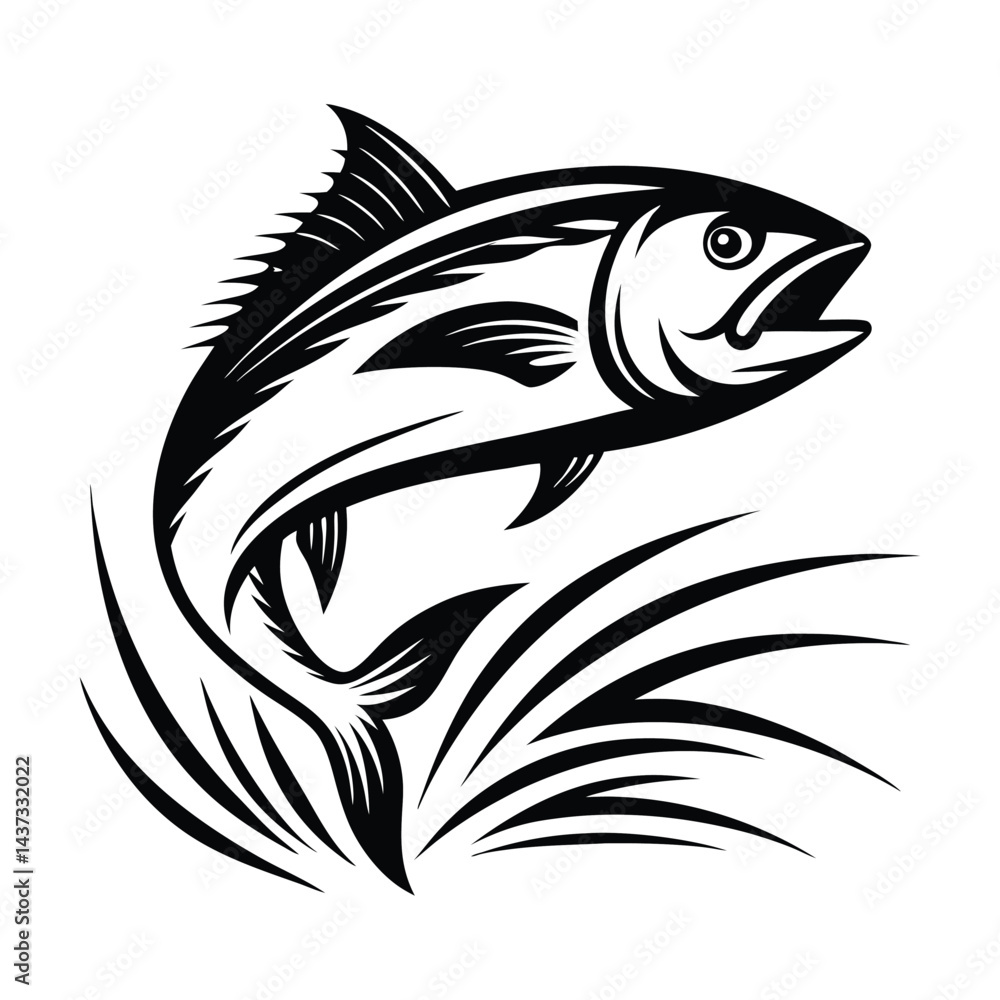 Monochrome Fish Leaping Silhouette, Wildlife Aquatic Animal, Fins, Tail, Black And White Monochrome Fish Leaping Silhouette, Wildlife Aquatic Animal, Fins, Tail, Black And White