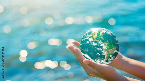 holds a global in their hand while standing in water. Concept of responsibility and awareness towards the environment, Sustainable development