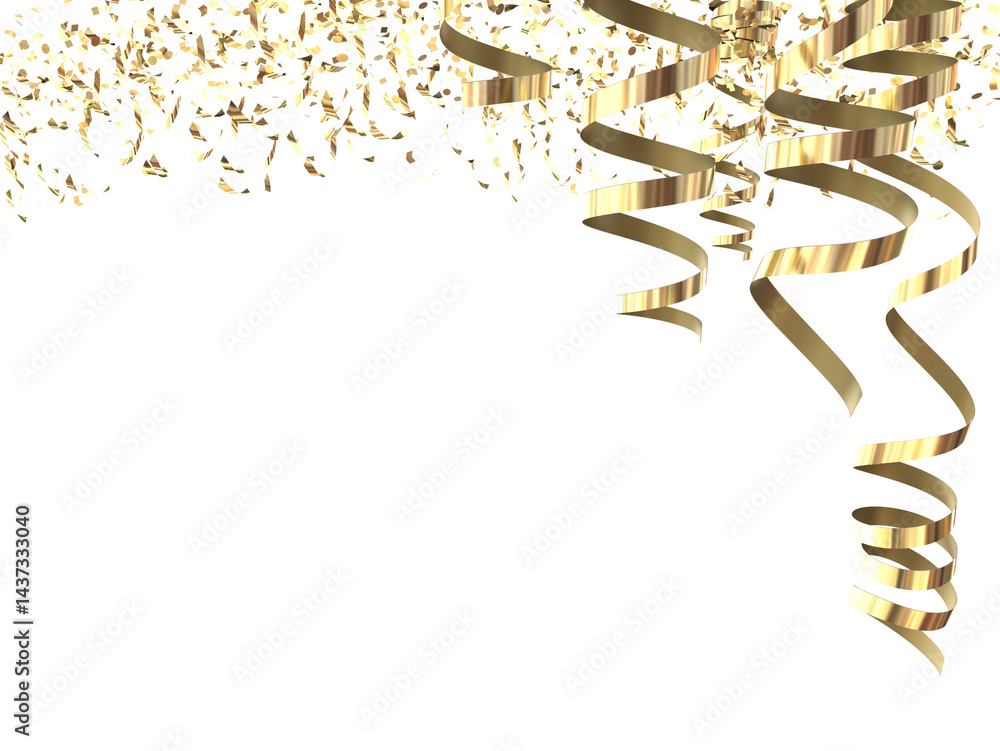 streamer gold color isolated in white background , xmas , carnival , party, - 3d rendering
