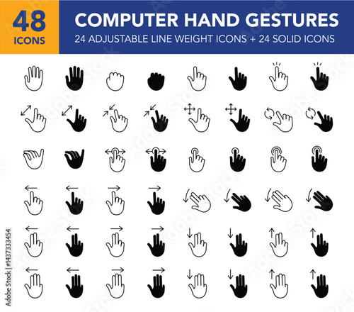 Hand Gesture Icons for Computer Touchscreen & Trackpad — Swipe, Tap, Scroll, Zoom, Pinch, Rotate, Drag —Line and Solid Style, Vector, Adjustable Line Weight