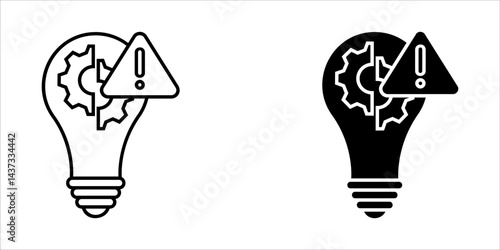 Set exclamation mark icon on light bulb. Light setting warning icon. Light bulb icon with exclamation mark. Electric arrow light. Idea icon