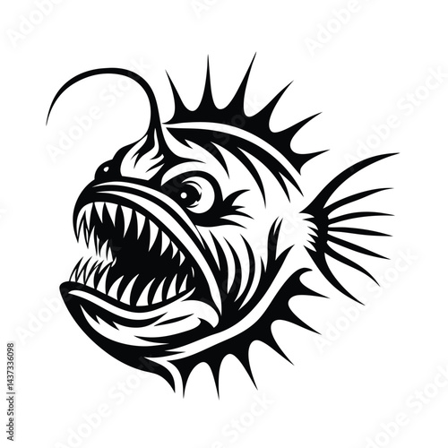Striking Black & White Anglerfish with Sharp Teeth, Lure & Spiky Fins