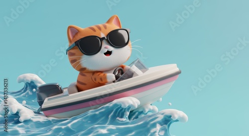 Cartoon cat with sunglasses driving a motorboat on water waves in summer vacation, 3D rendering illustration for kids and travel themes