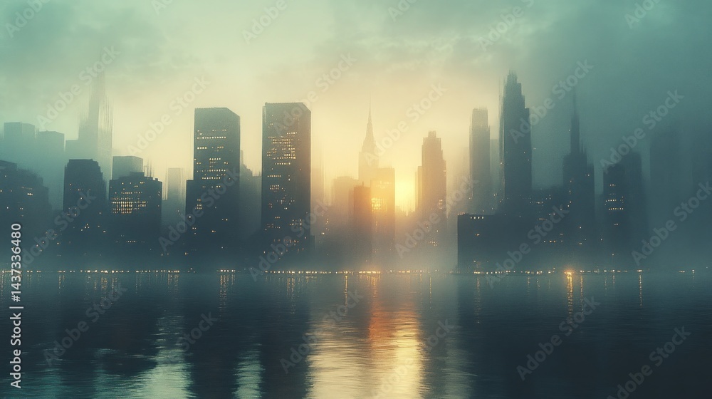 Misty city skyline at dawn Misty city skyline at dawn