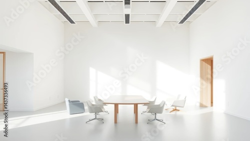 Spacious Minimalist Office Interior with Bright Natural Light and Contemporary Furnishings