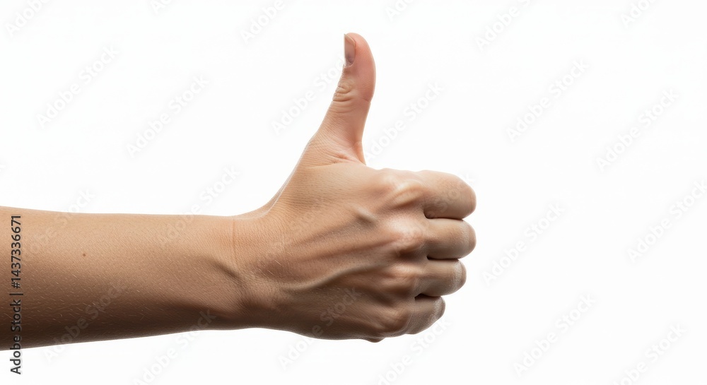 A single outstretched arm and hand displaying a thumbs-up gesture is presented against a stark white background A single outstretched arm and hand displaying a thumbs-up gesture is presented against a stark white background