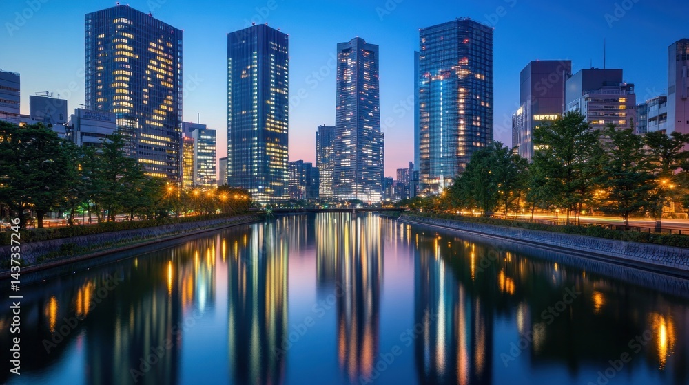 Fototapeta premium Urban cityscape at twilight, reflecting skyscrapers