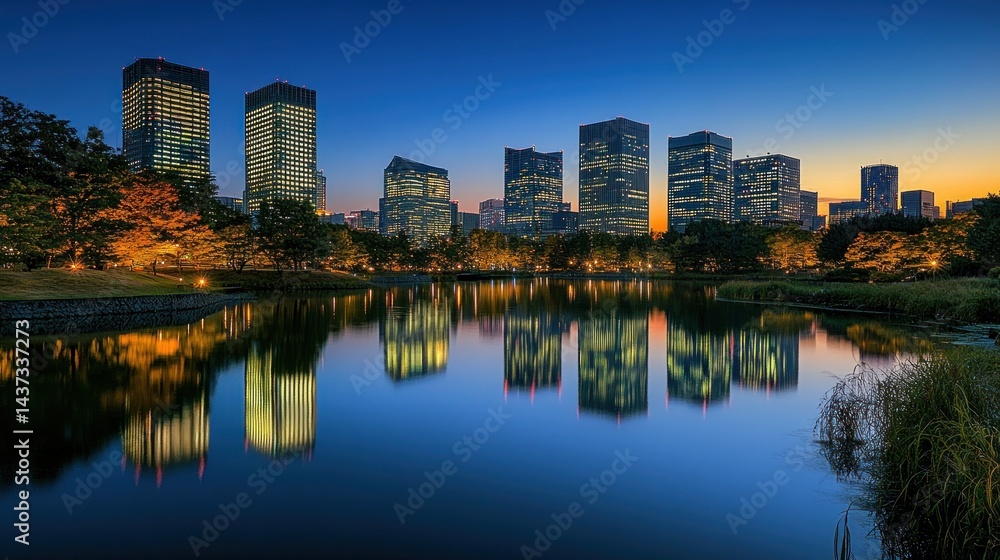 Fototapeta premium City skyline reflected in tranquil evening pond
