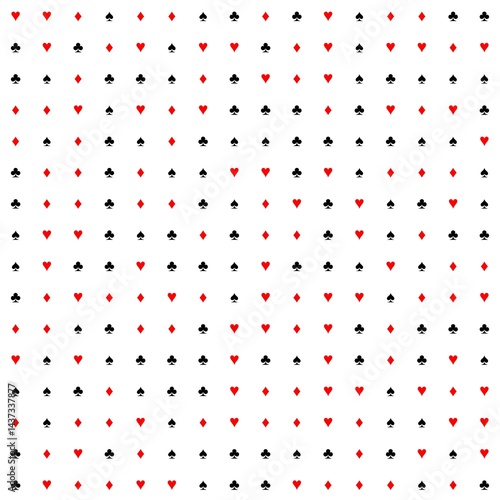 16x16 matrix with 256 playing card symbols with red hearts and diamonds and black clubs and spades ideal as a background for casino games on a white