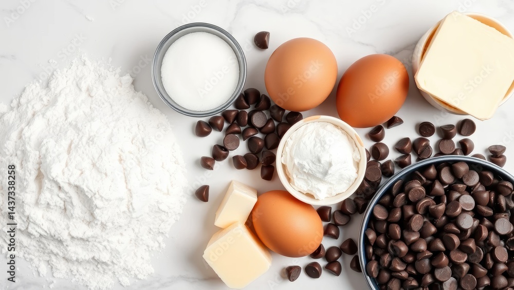 Ingredients for Baking Chocolate Cookies with Eggs, Butter, Flour, and Chocolate Chips Ingredients for Baking Chocolate Cookies with Eggs, Butter, Flour, and Chocolate Chips