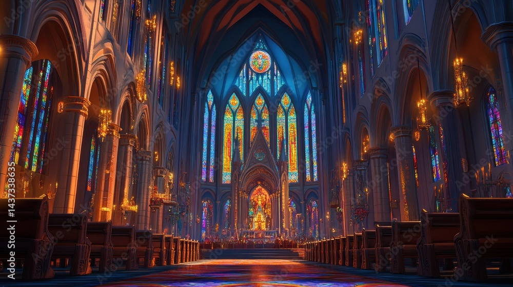 Fototapeta premium Grand cathedral interior, vibrant stained glass