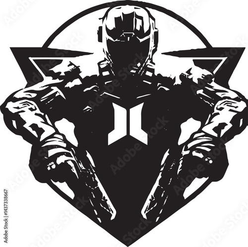 "Futuristic Combat Robot with Dual Guns in a Geometric Shield Design"