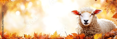 Sheep rests in autumn leaves for agricultural, farm, seasonal, or animal themed use