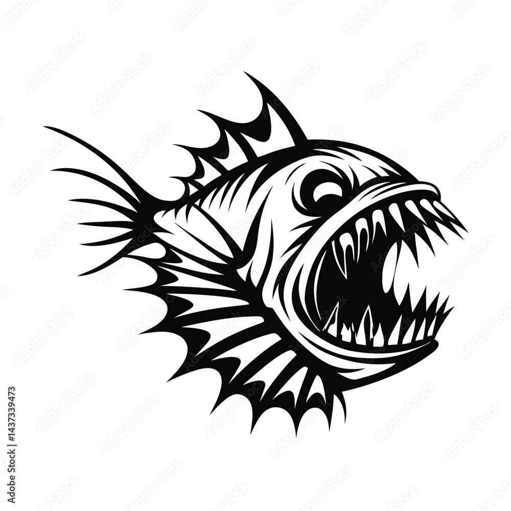 Obraz premium Monochrome Piranha with Sharp Teeth, Fin, Scales, and a Fierce Expression in Black and White