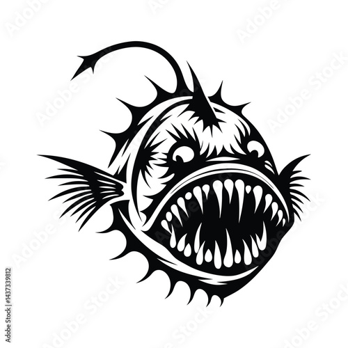 Monochrome Anglerfish with Sharp Teeth and Bioluminescent Lure, Isolated Design
