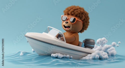 Cartoon teddy bear driving a motorboat on the water wearing sunglasses enjoying summer vacation travel adventure, 3D rendering