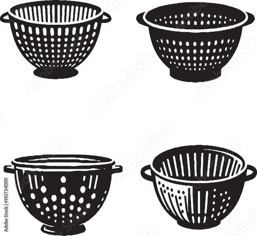 "Collection of Black and White Stylized Colander Illustrations"