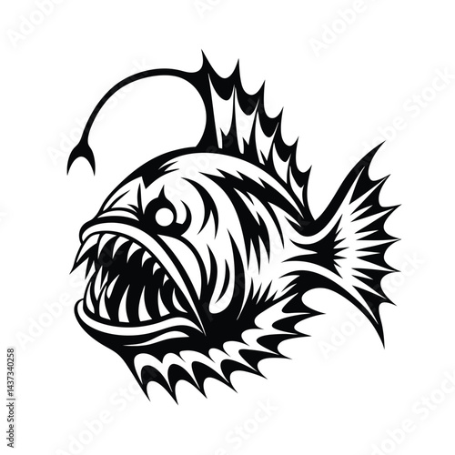 Anglerfish Silhouette with Sharp Teeth, Lure, Deep Sea Creature on White Background