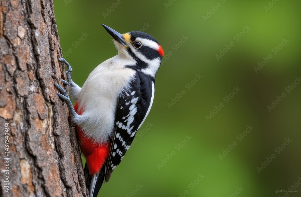 Naklejka premium image of a Woodpecker perched on a pine tree trunk