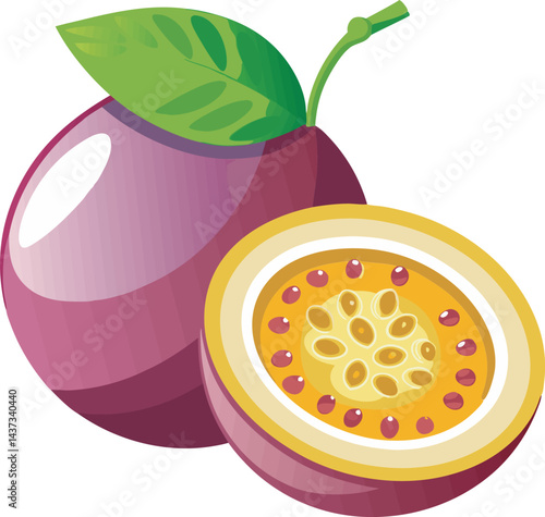 A vibrant and colorful vector art illustration showcasing a delicious passion fruit, featuring juicy textures, tropical vibes, and fresh, appetizing details