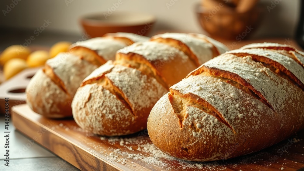 Artisan Bread Loaves with Crusty Golden Exteriors Displayed on a Wooden Cutting Board Artisan Bread Loaves with Crusty Golden Exteriors Displayed on a Wooden Cutting Board